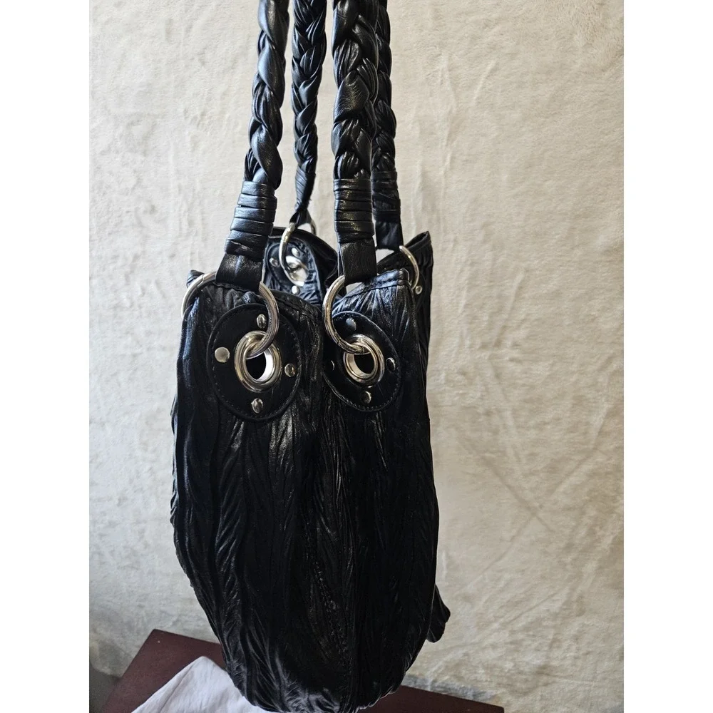 Anthropologie Melie Bianco‎ Black Ruched Bow Braided Handle Shoulder Bag Y2K